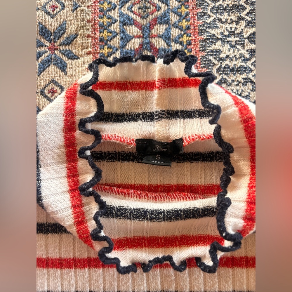 J. Crew Red Navy White Striped Ruffle Ribbed Mock Neck Long Sleeve Turtleneck - Picture 3 of 4